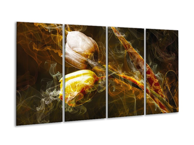 Canvas Schilderij Tulpen, Bloemen | Bruin, Goud, Geel | 160x80cm 4Luik