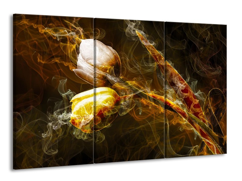 Canvas Schilderij Tulpen, Bloemen | Bruin, Goud, Geel | 165x100cm 3Luik