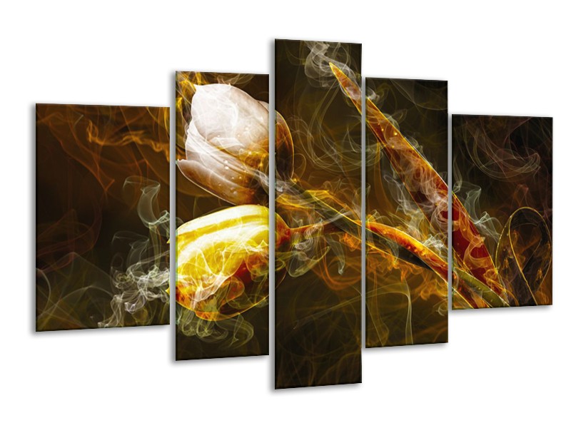 Canvas Schilderij Tulpen, Bloemen | Bruin, Goud, Geel | 170x100cm 5Luik