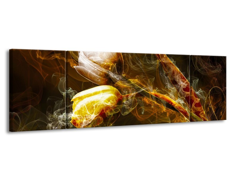 Canvas Schilderij Tulpen, Bloemen | Bruin, Goud, Geel | 170x50cm 3Luik