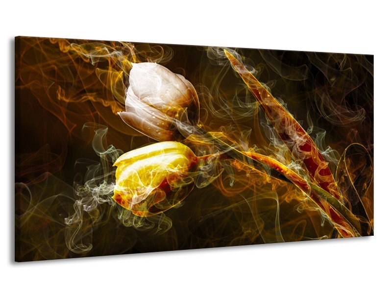 Canvas Schilderij Tulpen, Bloemen | Bruin, Goud, Geel | 170x90cm 1Luik