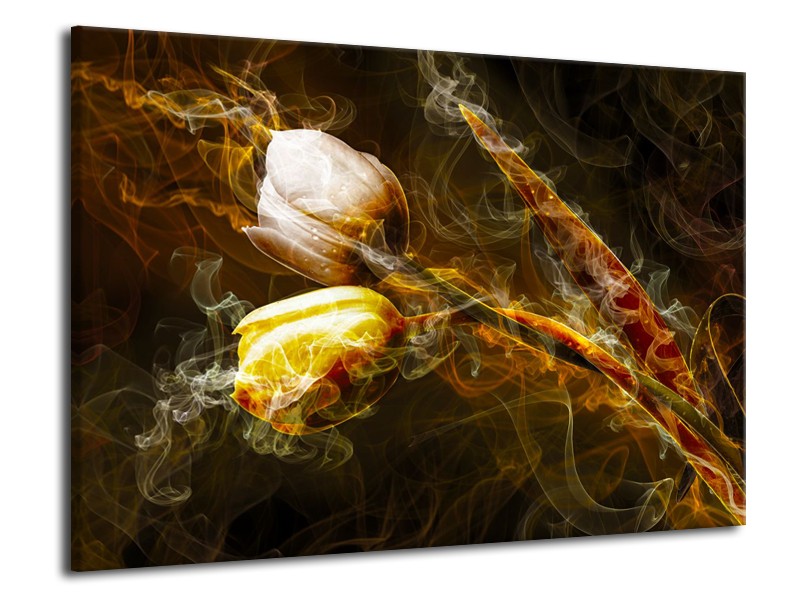 Canvas Schilderij Tulpen, Bloemen | Bruin, Goud, Geel | 70x50cm 1Luik