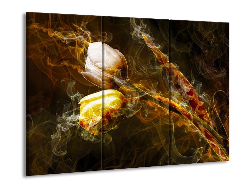 Glasschilderij Tulpen, Bloemen | Bruin, Goud, Geel | 60x90cm 3Luik