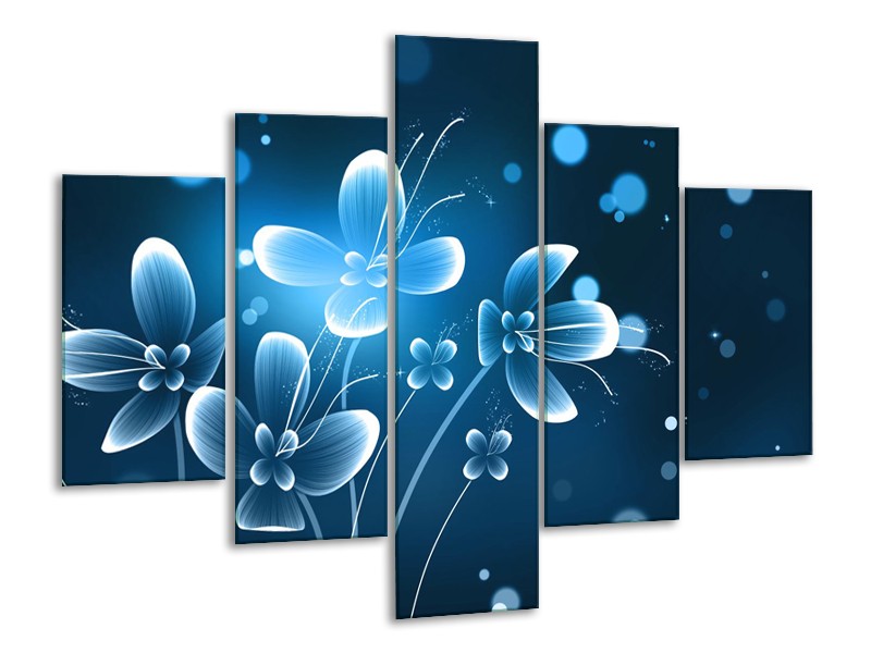 Canvas Schilderij Bloemen, Modern | Blauw, Wit | 100x70cm 5Luik