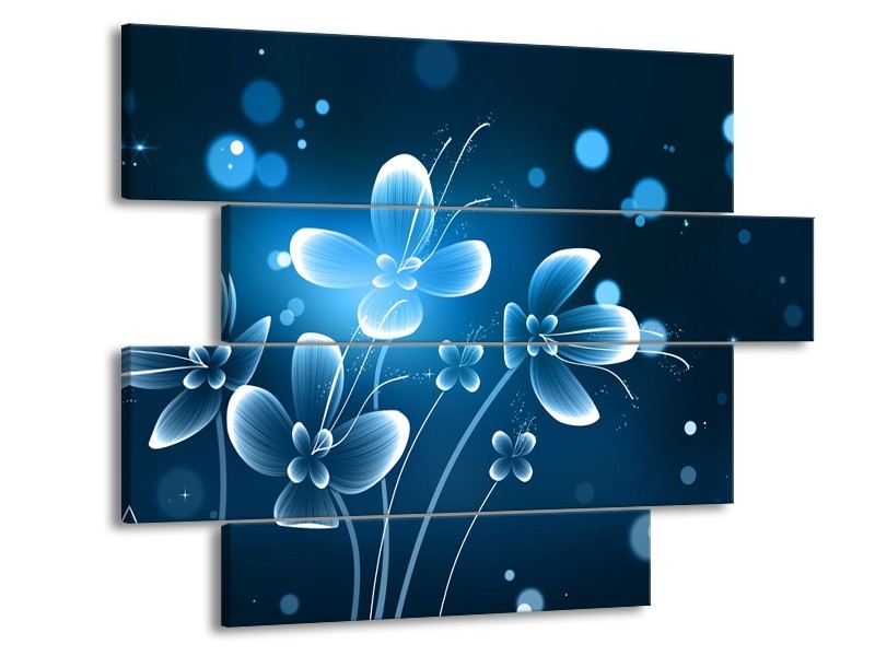 Canvas Schilderij Bloemen, Modern | Blauw, Wit | 115x85cm 4Luik
