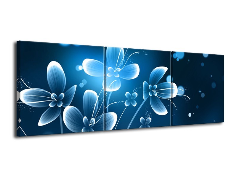 Canvas Schilderij Bloemen, Modern | Blauw, Wit | 120x40cm 3Luik