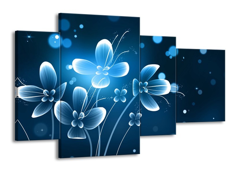 Canvas Schilderij Bloemen, Modern | Blauw, Wit | 120x75cm 4Luik