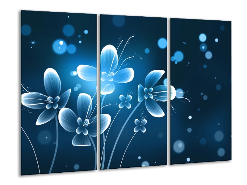 Canvas Schilderij Bloemen, Modern | Blauw, Wit | 120x80cm 3Luik