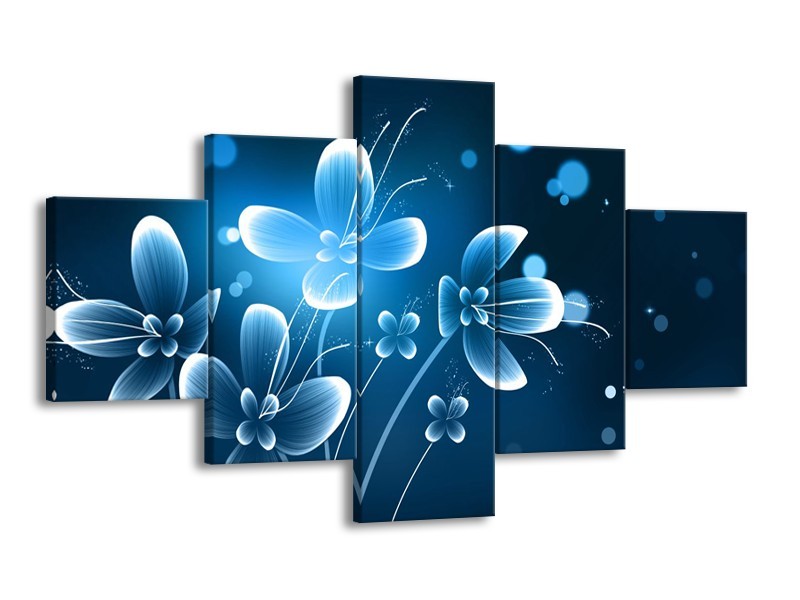 Canvas Schilderij Bloemen, Modern | Blauw, Wit | 125x70cm 5Luik