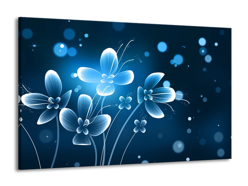 Canvas Schilderij Bloemen, Modern | Blauw, Wit | 140x90cm 1Luik