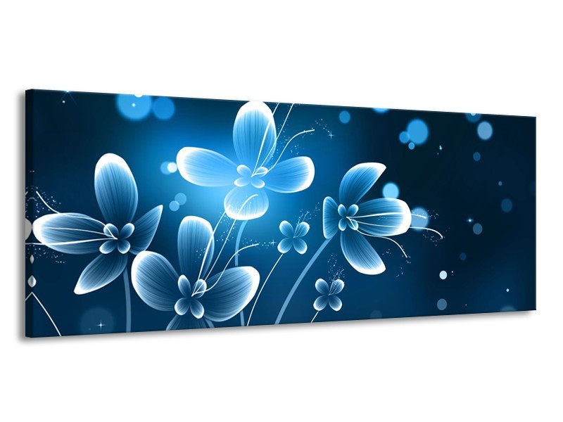 Canvas Schilderij Bloemen, Modern | Blauw, Wit | 145x58cm 1Luik