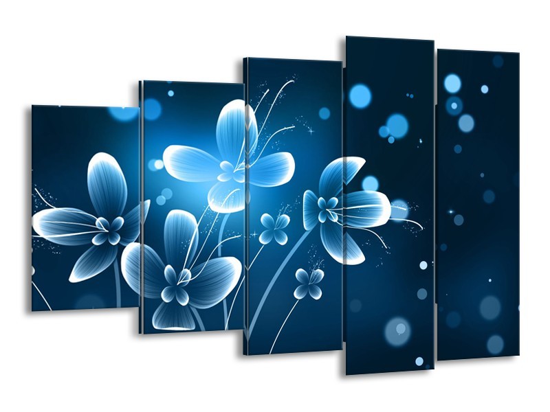 Canvas Schilderij Bloemen, Modern | Blauw, Wit | 150x100cm 5Luik