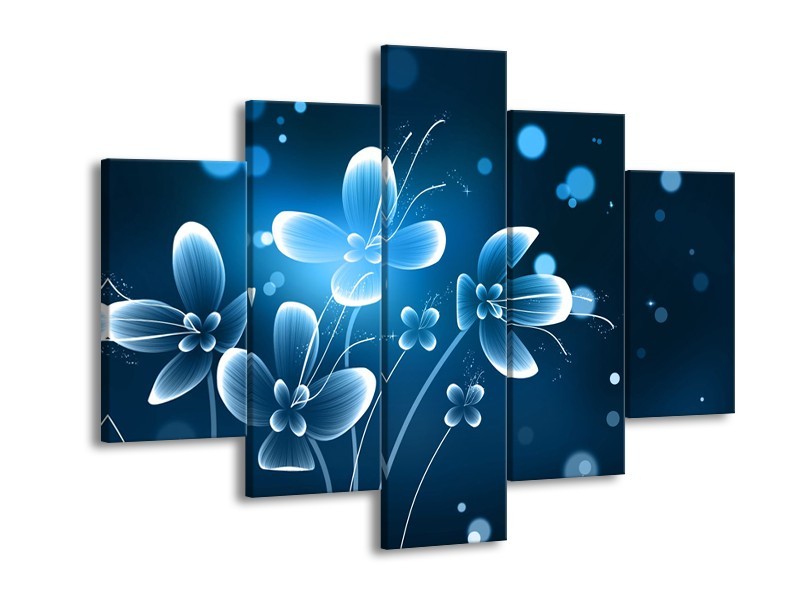 Canvas Schilderij Bloemen, Modern | Blauw, Wit | 150x105cm 5Luik
