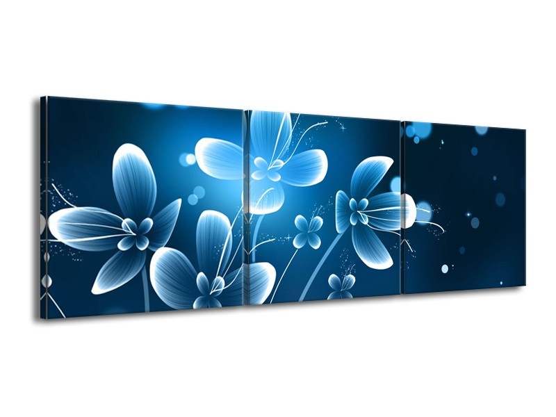 Canvas Schilderij Bloemen, Modern | Blauw, Wit | 150x50cm 3Luik