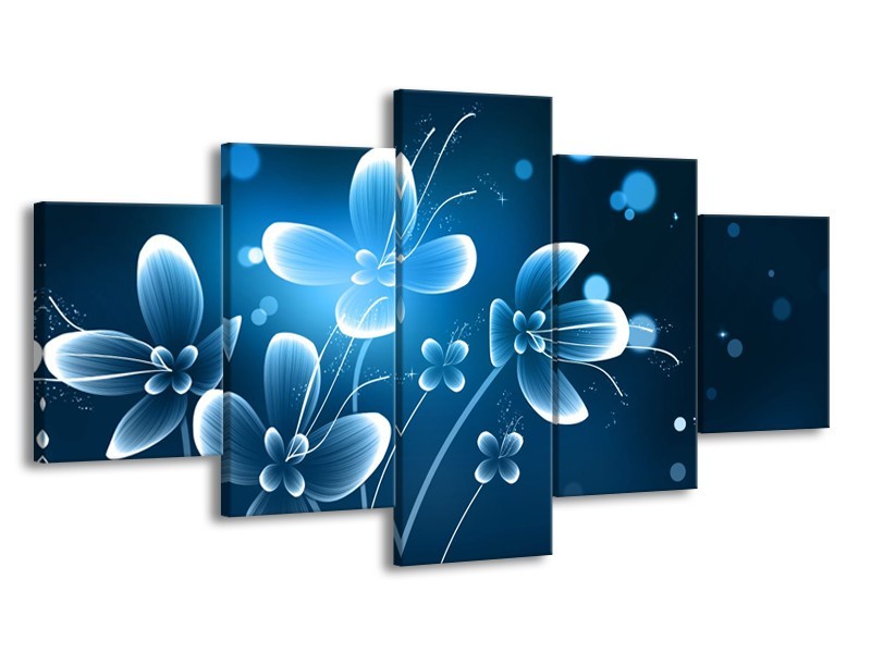 Canvas Schilderij Bloemen, Modern | Blauw, Wit | 150x80cm 5Luik