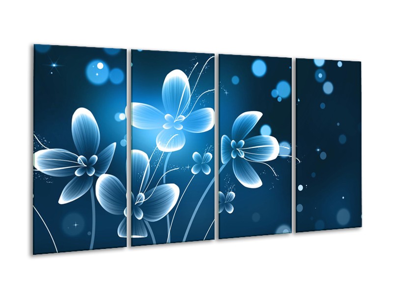 Canvas Schilderij Bloemen, Modern | Blauw, Wit | 160x80cm 4Luik