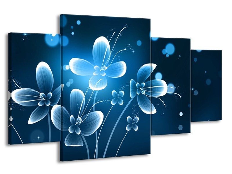 Canvas Schilderij Bloemen, Modern | Blauw, Wit | 160x90cm 4Luik