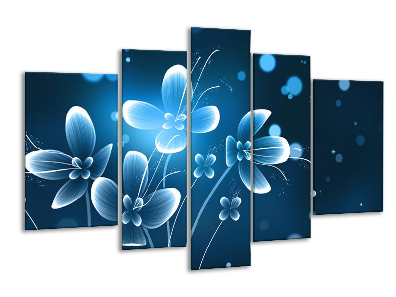 Canvas Schilderij Bloemen, Modern | Blauw, Wit | 170x100cm 5Luik