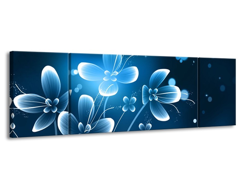 Canvas Schilderij Bloemen, Modern | Blauw, Wit | 170x50cm 3Luik