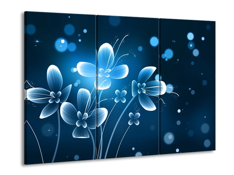 Canvas Schilderij Bloemen, Modern | Blauw, Wit | 60x90cm 3Luik