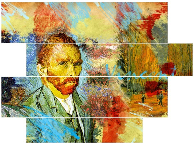 Canvas Schilderij Van Gogh, Modern | Oranje, Geel, Bruin | 115x85cm 4Luik