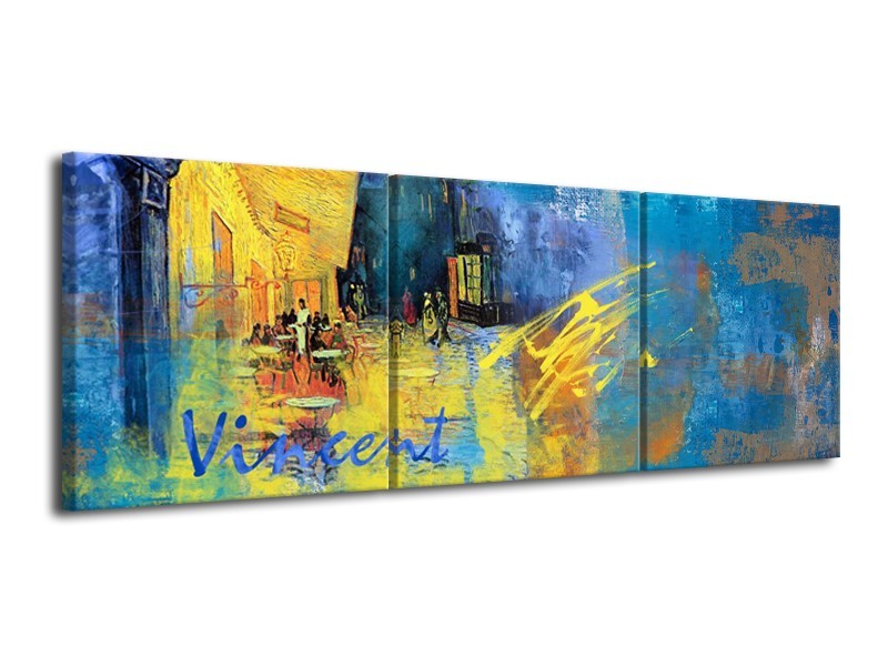 Canvas Schilderij Van Gogh, Modern | Blauw, Geel | 120x40cm 3Luik