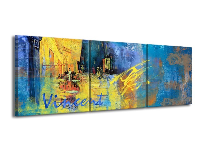 Canvas Schilderij Van Gogh, Modern | Blauw, Geel | 150x50cm 3Luik