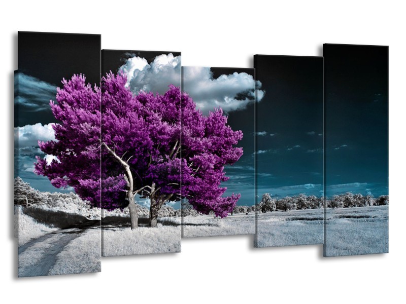 Glasschilderij Boom, Natuur | Paars, Blauw, Grijs | 150x80cm 5Luik