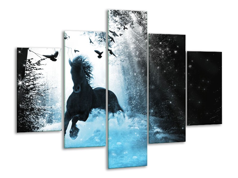 Canvas Schilderij Paard, Modern | Blauw, Zwart, Wit | 100x70cm 5Luik