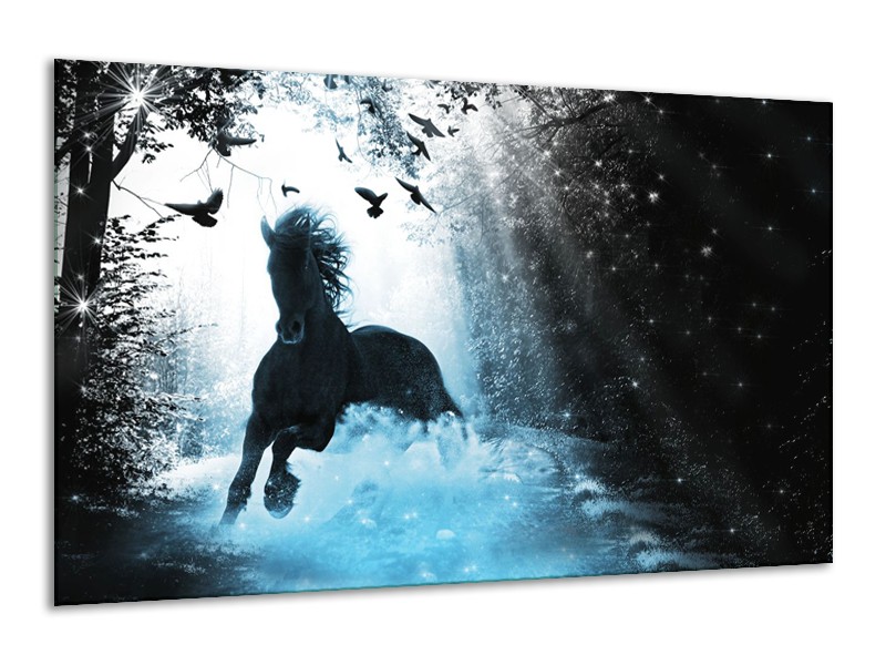 Canvas Schilderij Paard, Modern | Blauw, Zwart, Wit | 120x70cm 1Luik