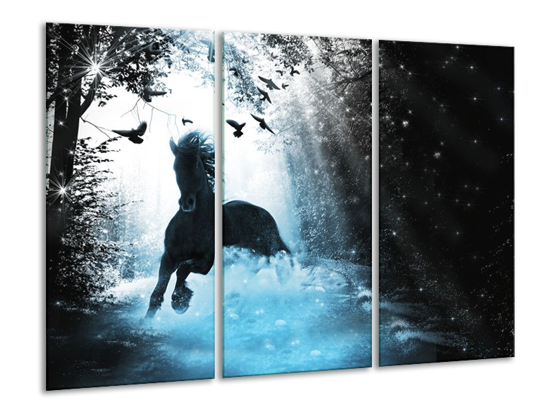 Canvas Schilderij Paard, Modern | Blauw, Zwart, Wit | 120x80cm 3Luik
