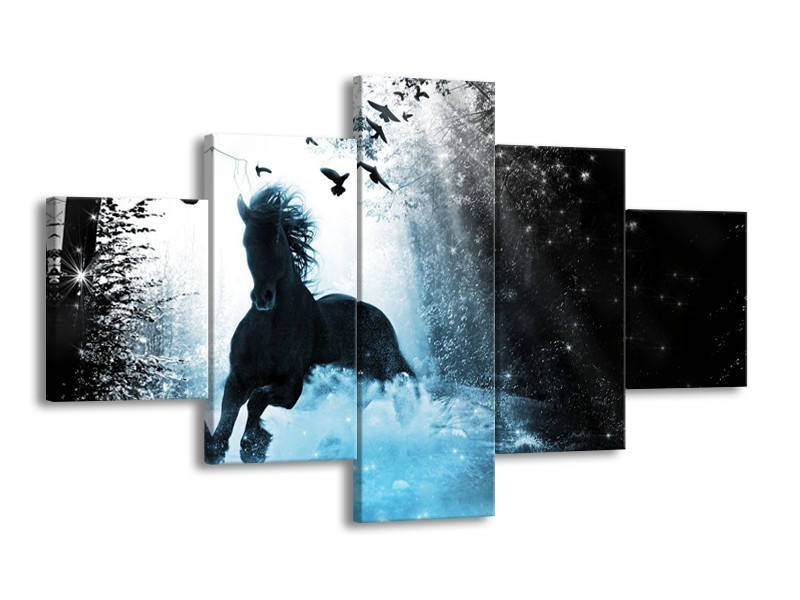 Canvas Schilderij Paard, Modern | Blauw, Zwart, Wit | 125x70cm 5Luik