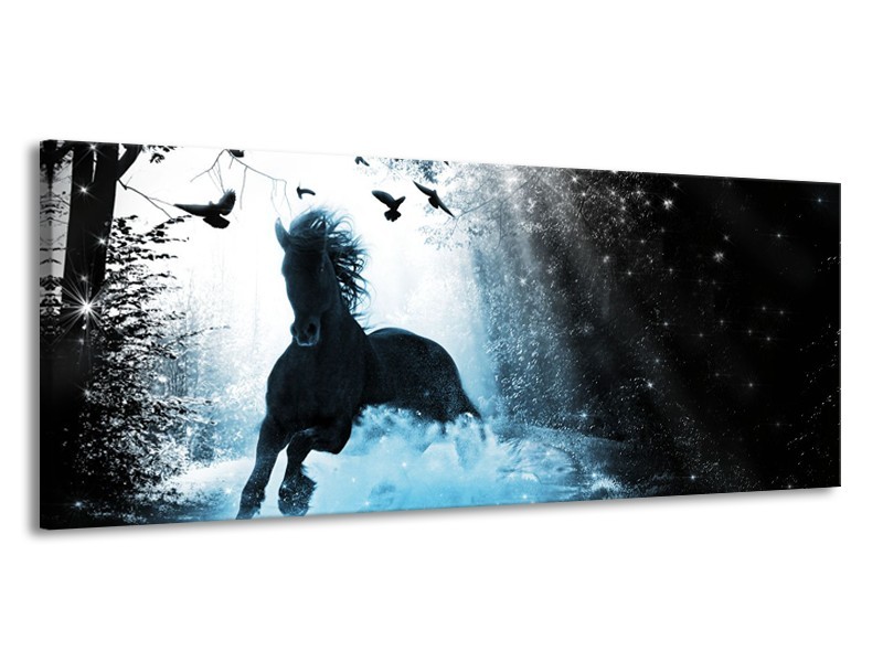 Canvas Schilderij Paard, Modern | Blauw, Zwart, Wit | 145x58cm 1Luik