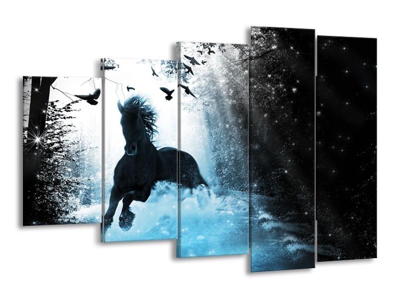 Glasschilderij Paard, Modern | Blauw, Zwart, Wit | 150x100cm 5Luik