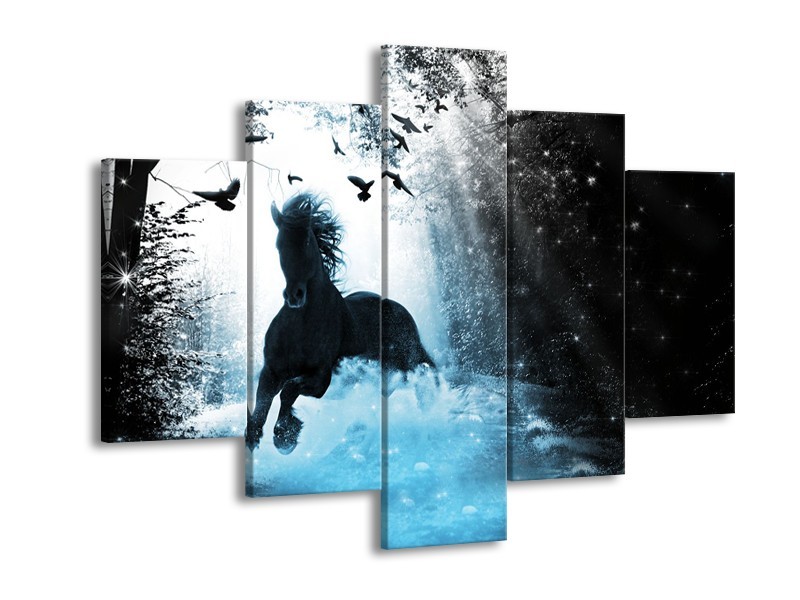 Glasschilderij Paard, Modern | Blauw, Zwart, Wit | 150x105cm 5Luik