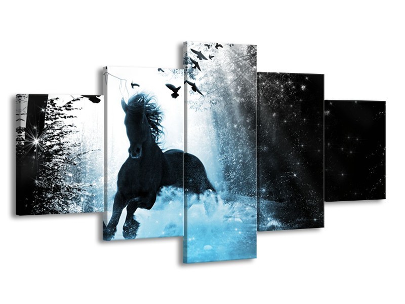 Canvas Schilderij Paard, Modern | Blauw, Zwart, Wit | 150x80cm 5Luik