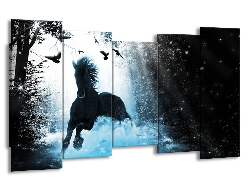 Glasschilderij Paard, Modern | Blauw, Zwart, Wit | 150x80cm 5Luik