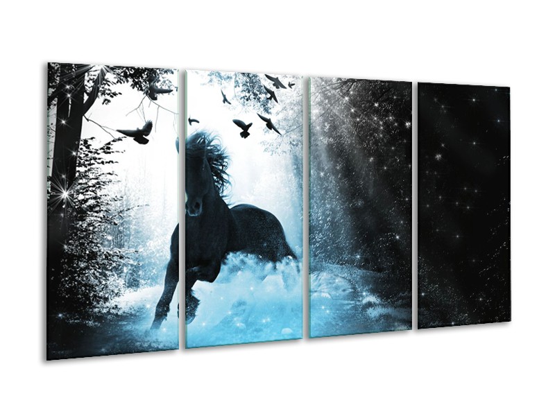 Canvas Schilderij Paard, Modern | Blauw, Zwart, Wit | 160x80cm 4Luik