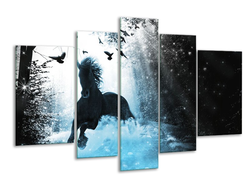 Glasschilderij Paard, Modern | Blauw, Zwart, Wit | 170x100cm 5Luik