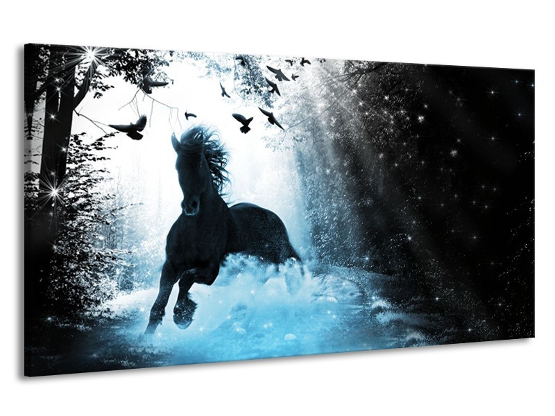 Canvas Schilderij Paard, Modern | Blauw, Zwart, Wit | 190x100cm 1Luik