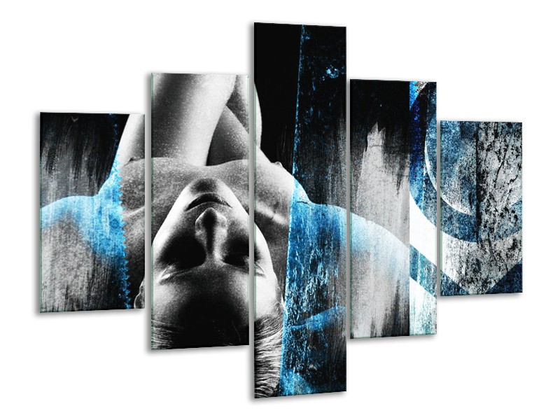 Glasschilderij Vrouw, Kunst | Grijs, Blauw | 100x70cm 5Luik