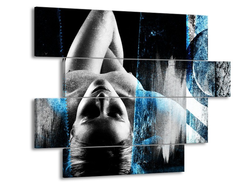 Glasschilderij Vrouw, Kunst | Grijs, Blauw | 115x85cm 4Luik