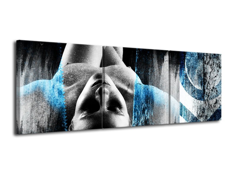 Canvas Schilderij Vrouw, Kunst | Grijs, Blauw | 120x40cm 3Luik