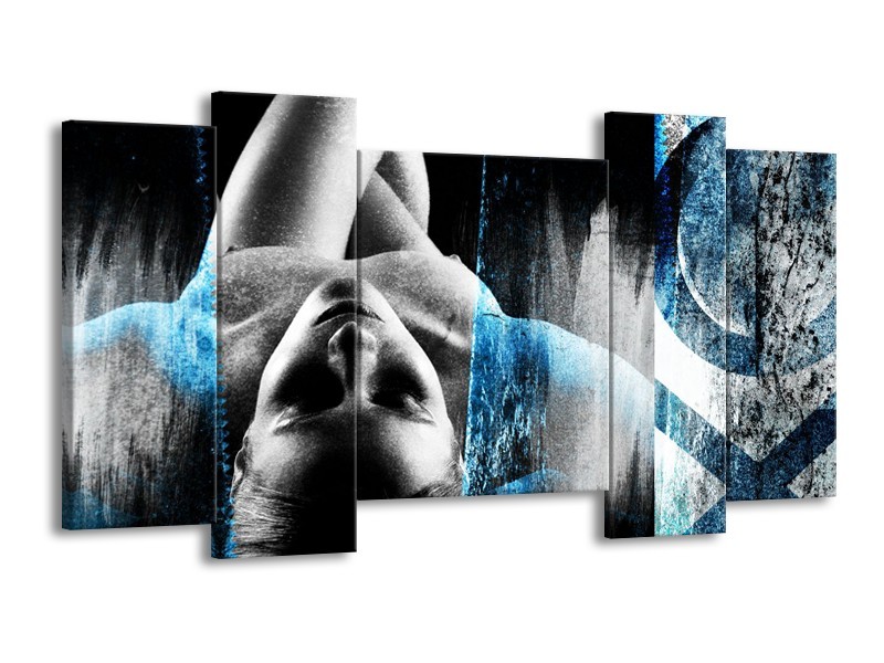 Glasschilderij Vrouw, Kunst | Grijs, Blauw | 120x65cm 5Luik