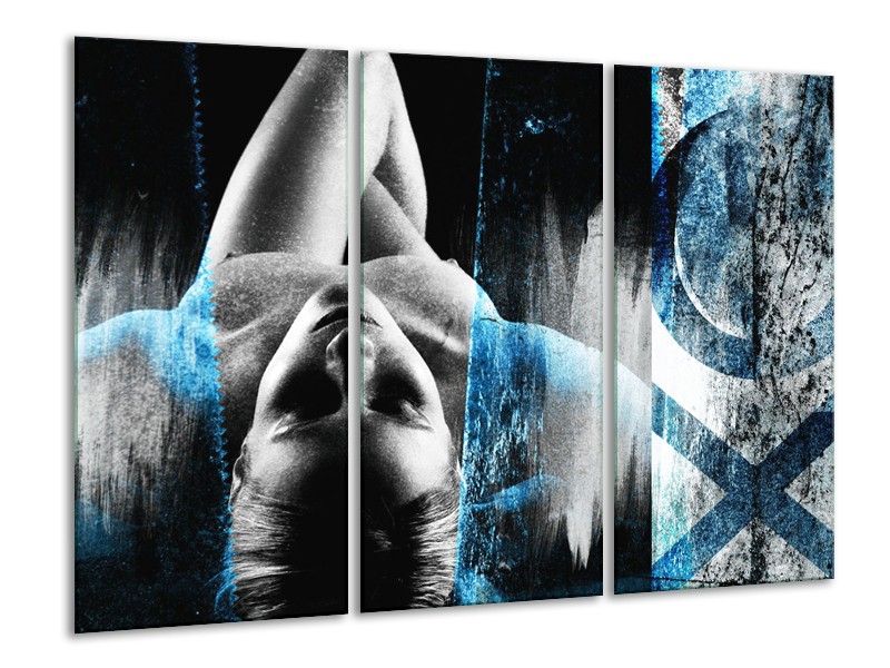 Canvas Schilderij Vrouw, Kunst | Grijs, Blauw | 120x80cm 3Luik