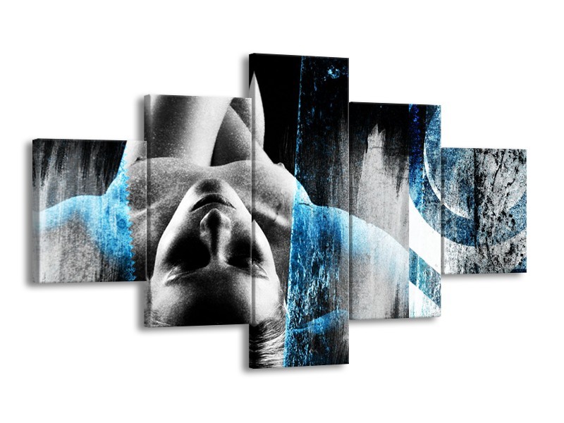 Glasschilderij Vrouw, Kunst | Grijs, Blauw | 125x70cm 5Luik