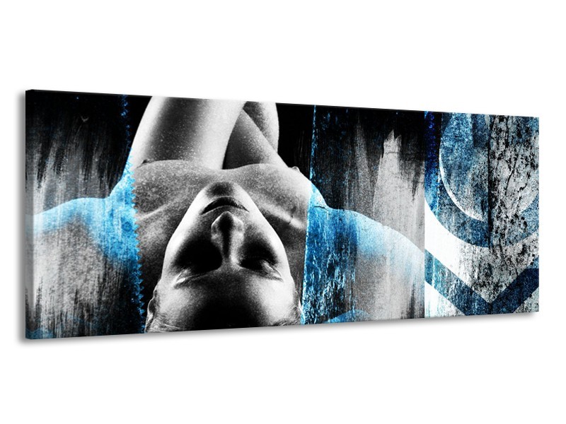 Glasschilderij Vrouw, Kunst | Grijs, Blauw | 145x58cm 1Luik
