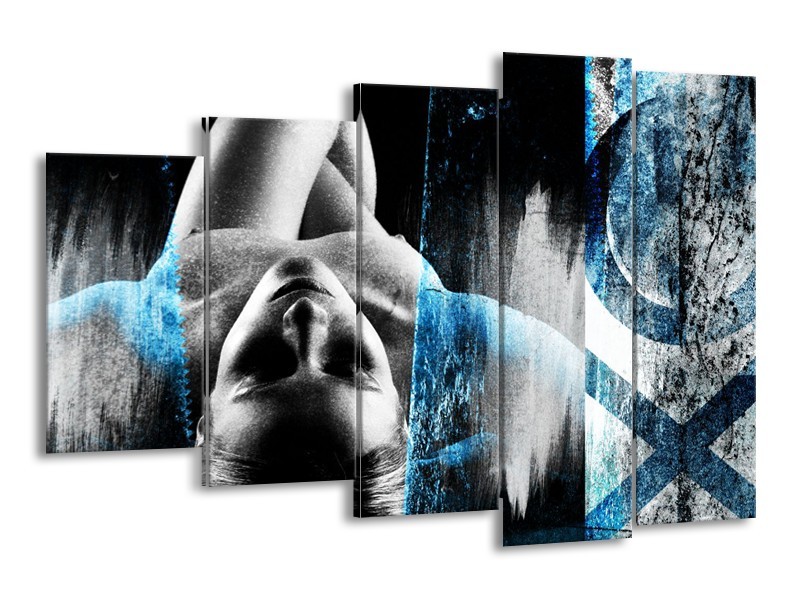 Glasschilderij Vrouw, Kunst | Grijs, Blauw | 150x100cm 5Luik