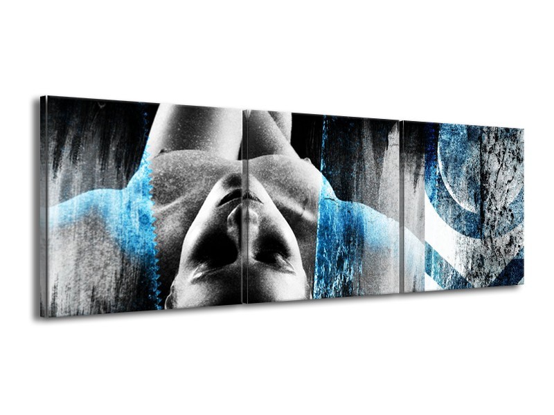 Canvas Schilderij Vrouw, Kunst | Grijs, Blauw | 150x50cm 3Luik