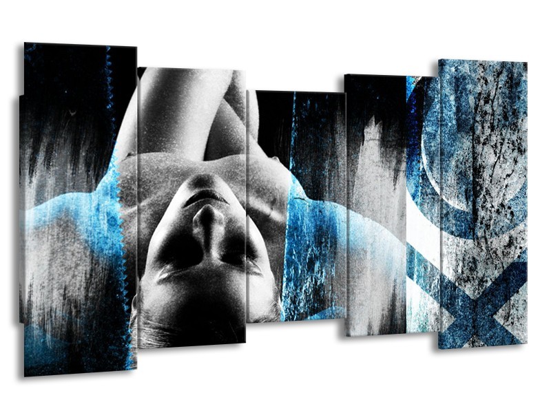 Glasschilderij Vrouw, Kunst | Grijs, Blauw | 150x80cm 5Luik